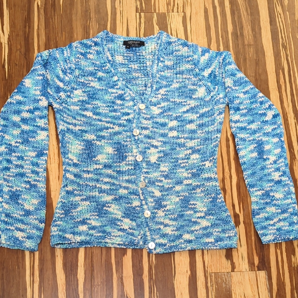 Karen Kane Lufestyles Blue and White Cardigan Sweater